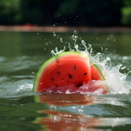 Watermelon splashing on the surface of the water with a splashの素材