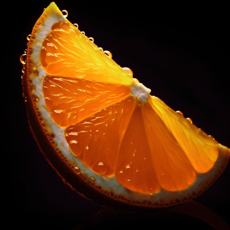 Slice of orange with water drops on black background. Studio shot.の素材