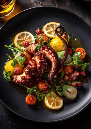 Delicious octopus salad with lemon, pomegranate and greensの素材