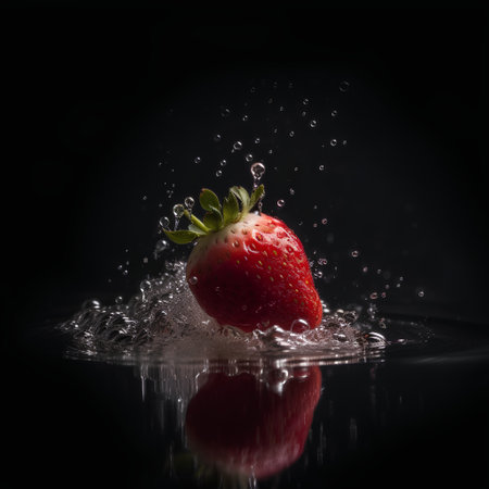 Strawberry falling into water with a splash on a black backgroundの素材