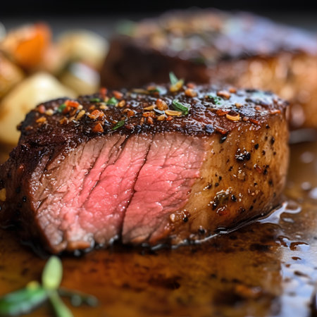 Grilled beef steak with potatoes and herbs on a dark background.の素材