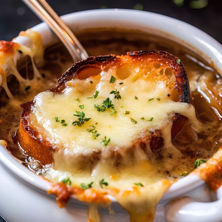 French Onion Soup with Cheese and Bread in Ceramic Bowl, squareの素材