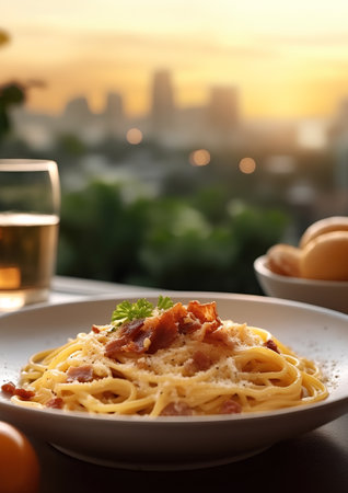 Spaghetti Carbonara with bacon and cheese in white plate on wooden tableの素材