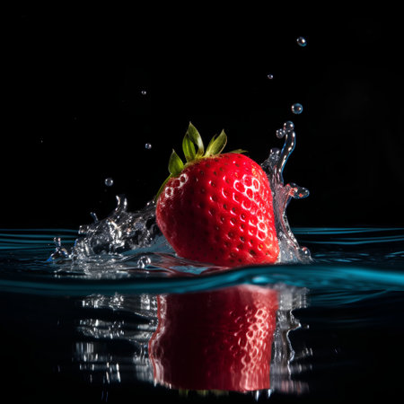 Strawberry falling into water with splash, isolated on black backgroundの素材