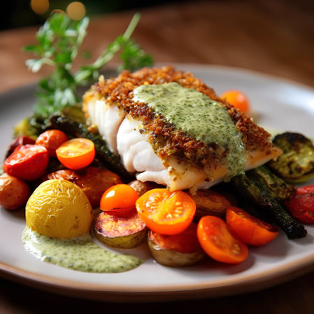 Baked fish fillet with vegetables on a plate, selective focusの素材