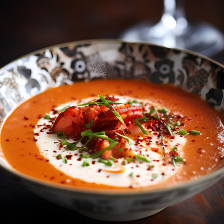 Tomato soup with shrimps in a bowl on a wooden tableの素材