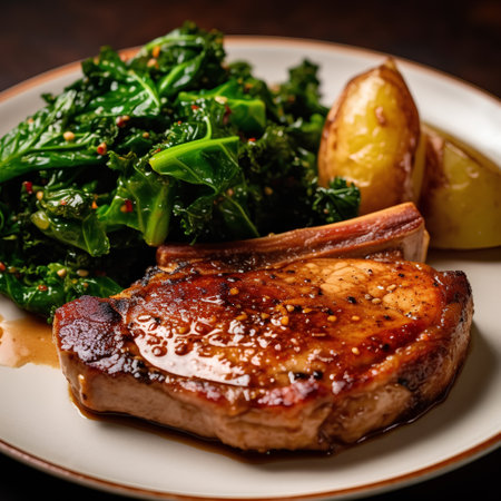 Grilled pork chop with kale and baked potatoes on a plate.の素材