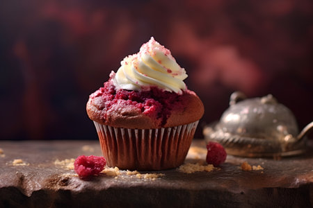 Cupcake with raspberry cream on wooden background. Selective focus.の素材
