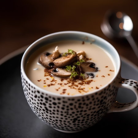 Creamy mushroom soup with milk, selective focus, shallow DOFの素材