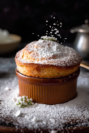 Cottage cheese souffle with powdered sugar. Selective focus.の素材