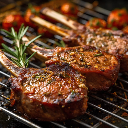 Grilled lamb chops with rosemary and spices on a barbecue grillの素材