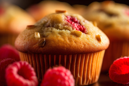 Homemade muffins with raspberries and almonds, selective focus.の素材