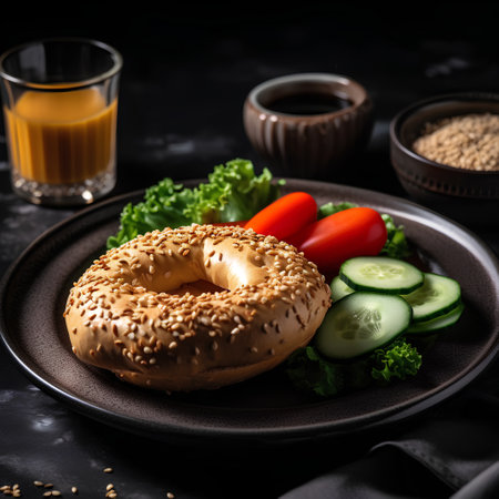Bagel with sesame seeds and fresh vegetables on a black backgroundの素材