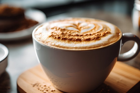 Cup of cappuccino with latte art on wooden tableの素材