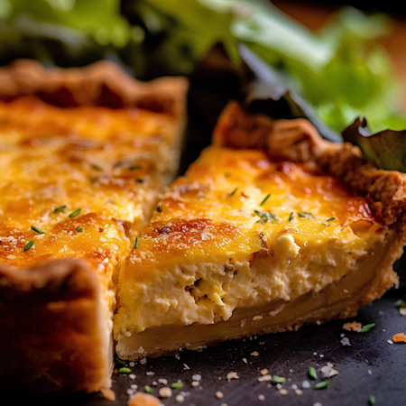 Piece of homemade quiche Lorraine with cheese and herbs on black backgroundの素材