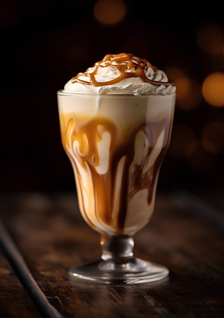 Cappuccino with caramel sauce in a glass on a wooden tableの素材