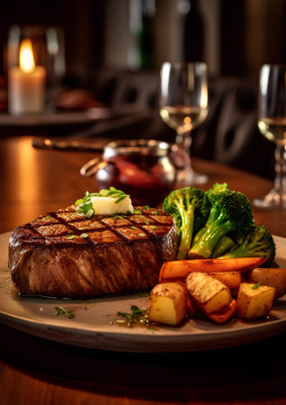 Grilled steak with potatoes and vegetables on a plate. Restaurant.の素材