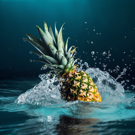 Pineapple in water splash on dark background. 3d illustrationの素材