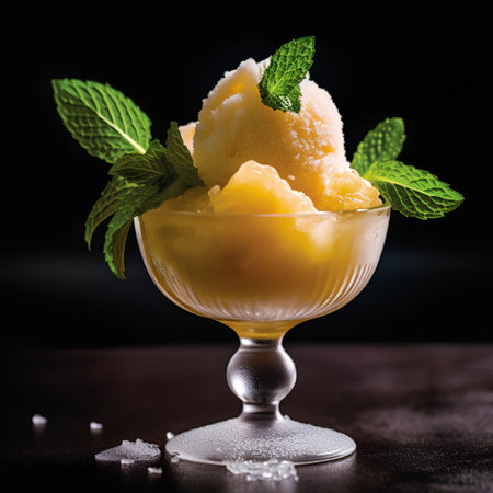 Scoops of mango sorbet in a glass on a dark backgroundの素材
