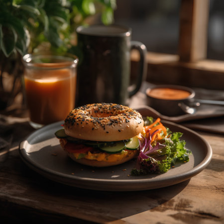 Bagel with fresh vegetables and sesame seeds on wooden tableの素材