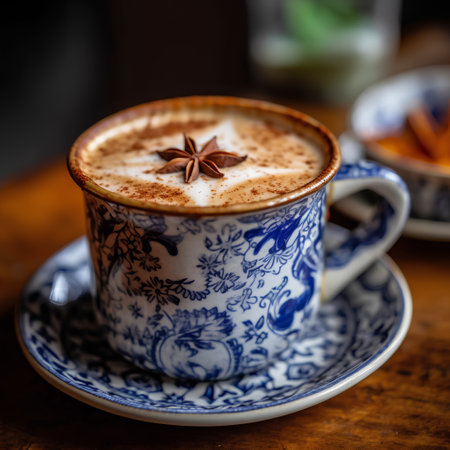 Cappuccino with cinnamon and star anise on a wooden tableの素材