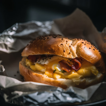 Burger with scrambled eggs and bacon on dark background. Toned.の素材