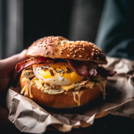 Hamburger with bacon, egg and cheese on wooden background.の素材