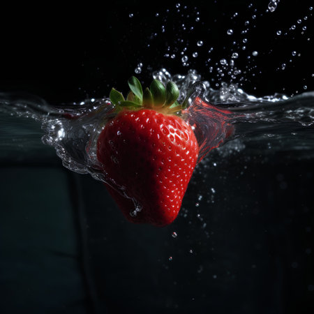 Strawberry falling into water, isolated on black background, studio shotの素材