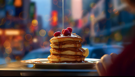 Close up of a stack of pancakes with raspberries and syrupの素材