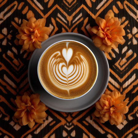 Cup of coffee with latte art on the zebra pattern backgroundの素材