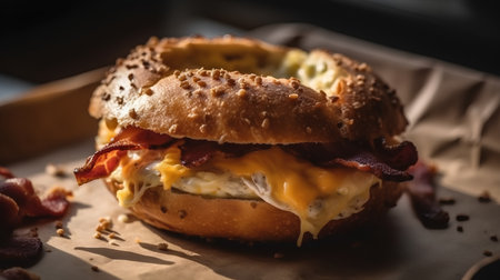 Bagel sandwich with bacon, cheese and egg, selective focusの素材