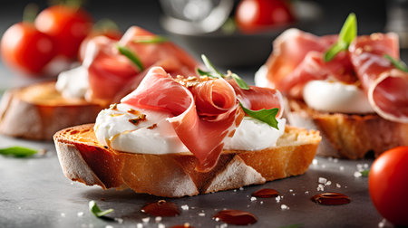 Bruschetta with prosciutto, mozzarella cheese and tomatoes on black backgroundの素材