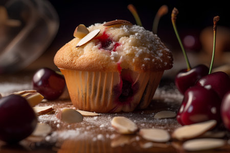 Muffin with cherries and almonds on a wooden table.の素材