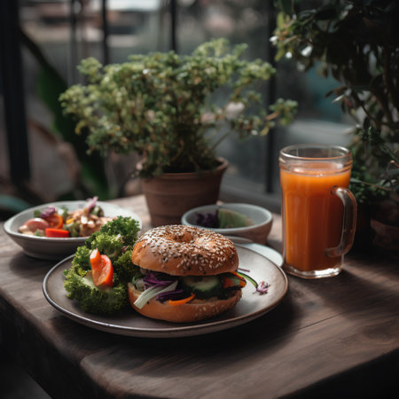 Vegetarian burger with fresh vegetables and orange juice on wooden tableの素材