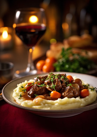 Beef Bourguignon with mashed potatoes, carrots and herbsの素材