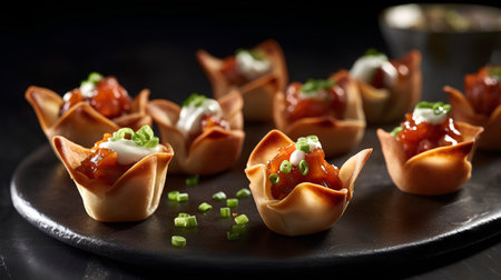Canape with salmon, cream cheese and herbs on a black backgroundの素材