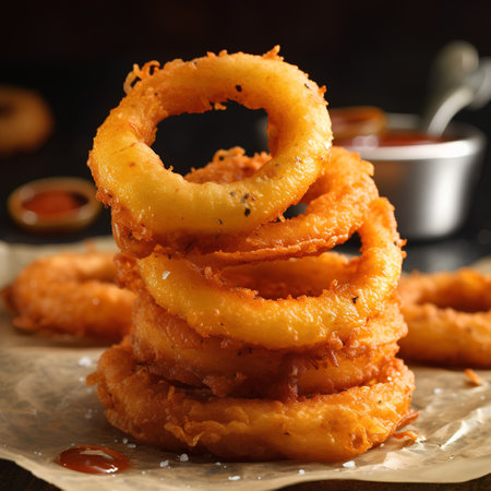 Fried onion rings with sweet and sour sauce on a dark backgroundの素材