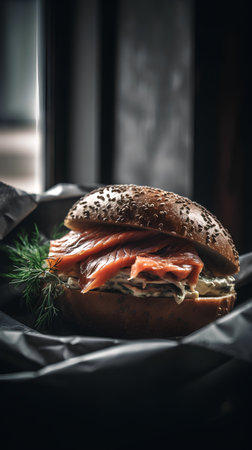 Sandwich with smoked salmon and dill on a black background.の素材