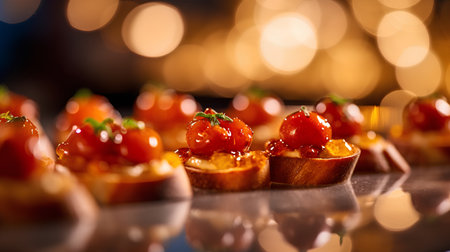 Canape with cherry tomatoes on a black background. Selective focus.の素材