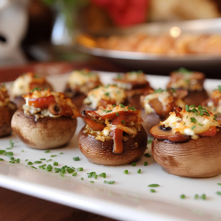 Stuffed champignons with cheese, mushrooms and bacon on plateの素材