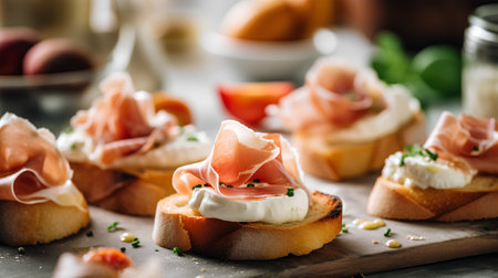 Bruschetta with prosciutto, mozzarella cheese and tomatoes, selective focusの素材