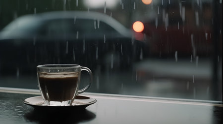 Cup of coffee on the table in the rain. Shallow DOFの素材
