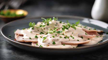 Sliced duck breast with mayonnaise and herbs on black plateの素材