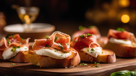 Bruschetta with prosciutto and mozzarella on wooden boardの素材