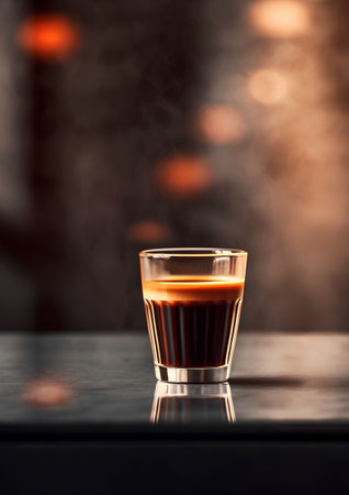 Coffee in a shot glass on a dark background with smokeの素材
