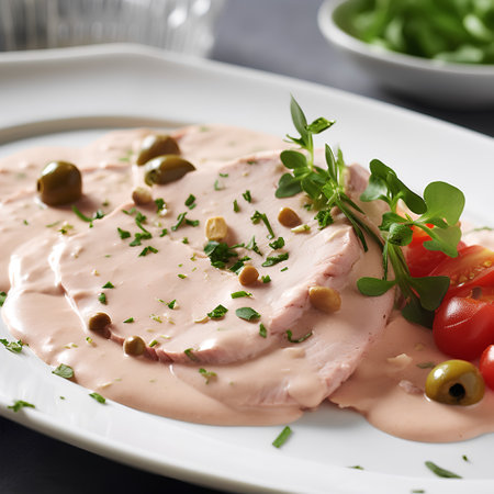 Slices of boiled chicken breast with green olives and tomatoes on white plateの素材