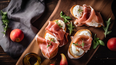 Appetizers with prosciutto and mozzarella on wooden boardの素材
