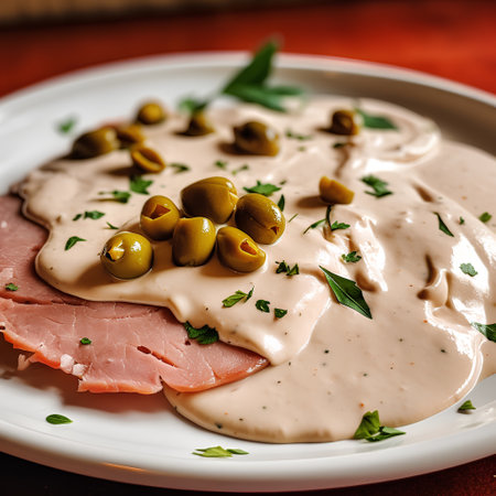 Smoked ham with mushroom sauce and green olives on a plateの素材