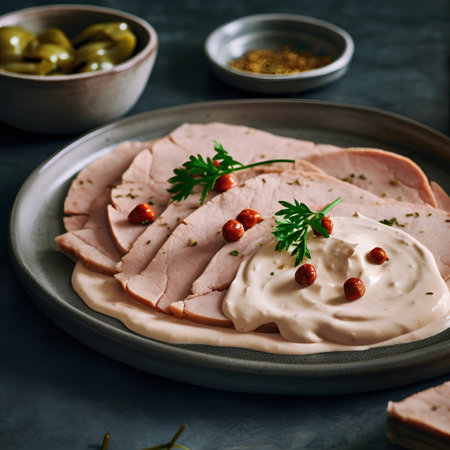 Slices of boiled pork meat with mayonnaise and green olivesの素材