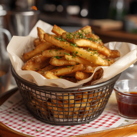 French fries in a basket on a table in a restaurant, close-upの素材